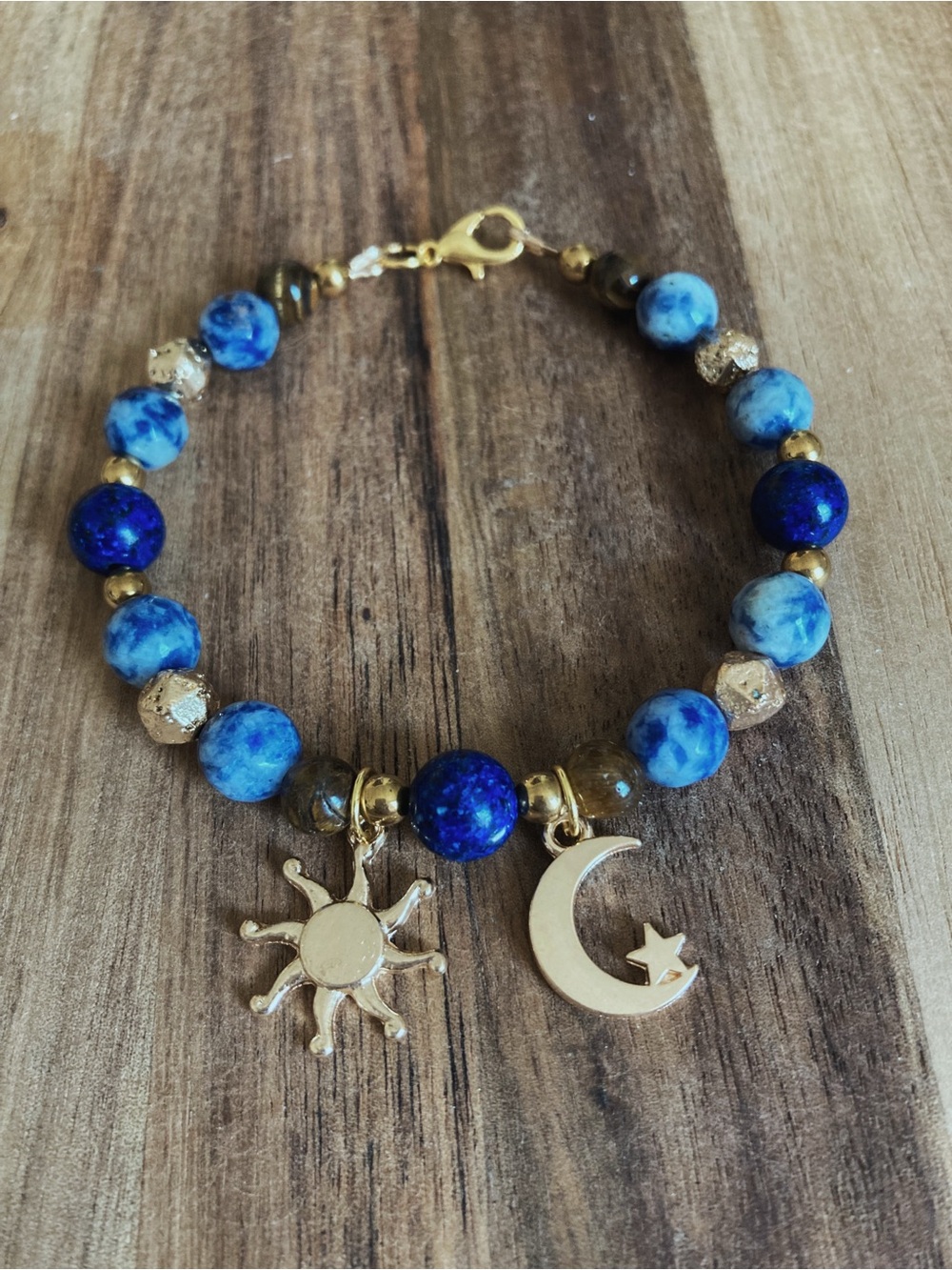 Handmade Sun & Moon Charm Bracelet with Blue Sodalite and Lapis Lazuli